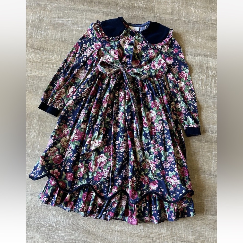 VTG Bonnie Jean New York Girls Sz 10 Floral Ruffle Long Dress Bow Velvet Tiered - Picture 1 of 12